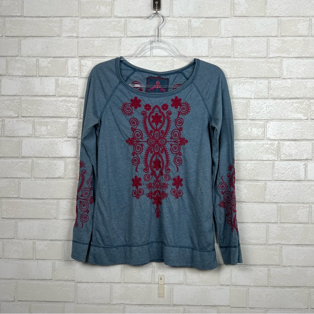 Johnny Was JW Los Angeles Long Sleeve Embroidered Blue Shirt